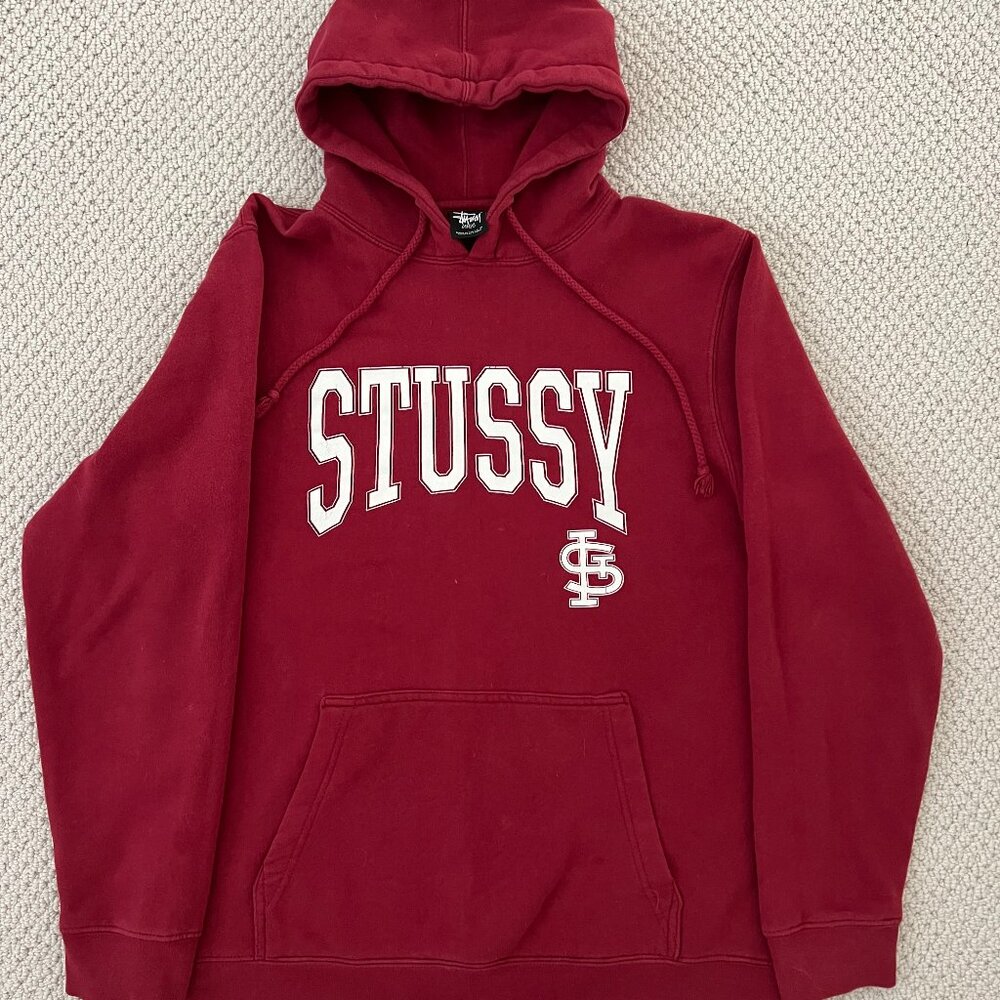 Vintage Stüssy Hoodie Made in USA Burgundy Varsity Logo Size Large (Early 2000s)